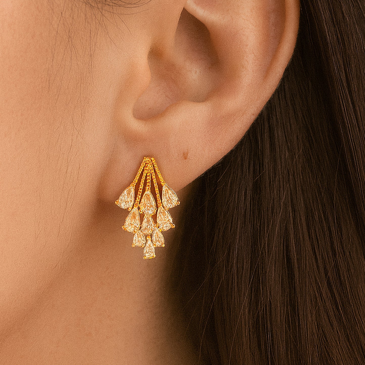 Gold Crystal Spray Clip On Stud Earrings