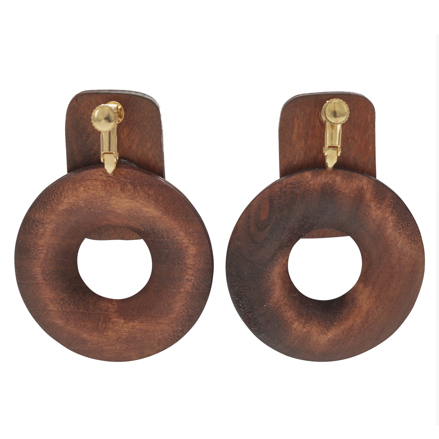 Wooden Circle Screw Back Clip On Statement Earrings