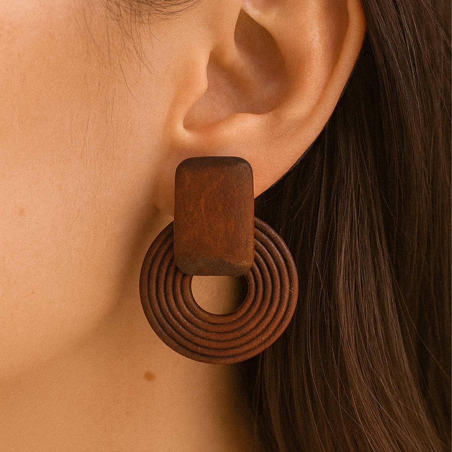 Wooden Circle Screw Back Clip On Statement Earrings