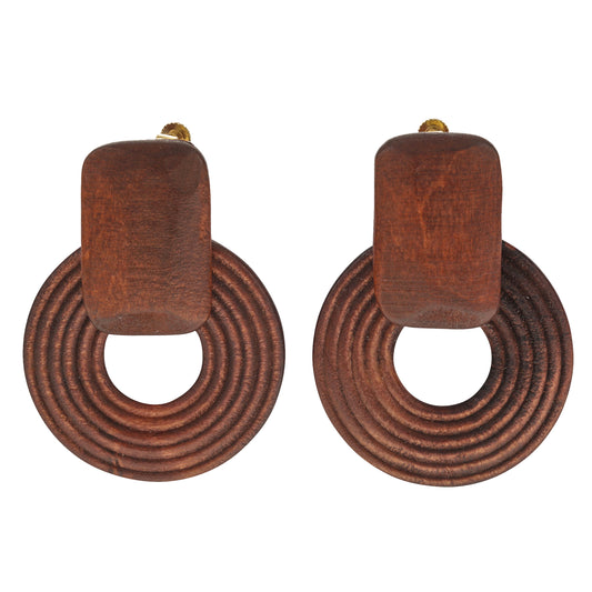 Wooden Circle Screw Back Clip On Statement Earrings