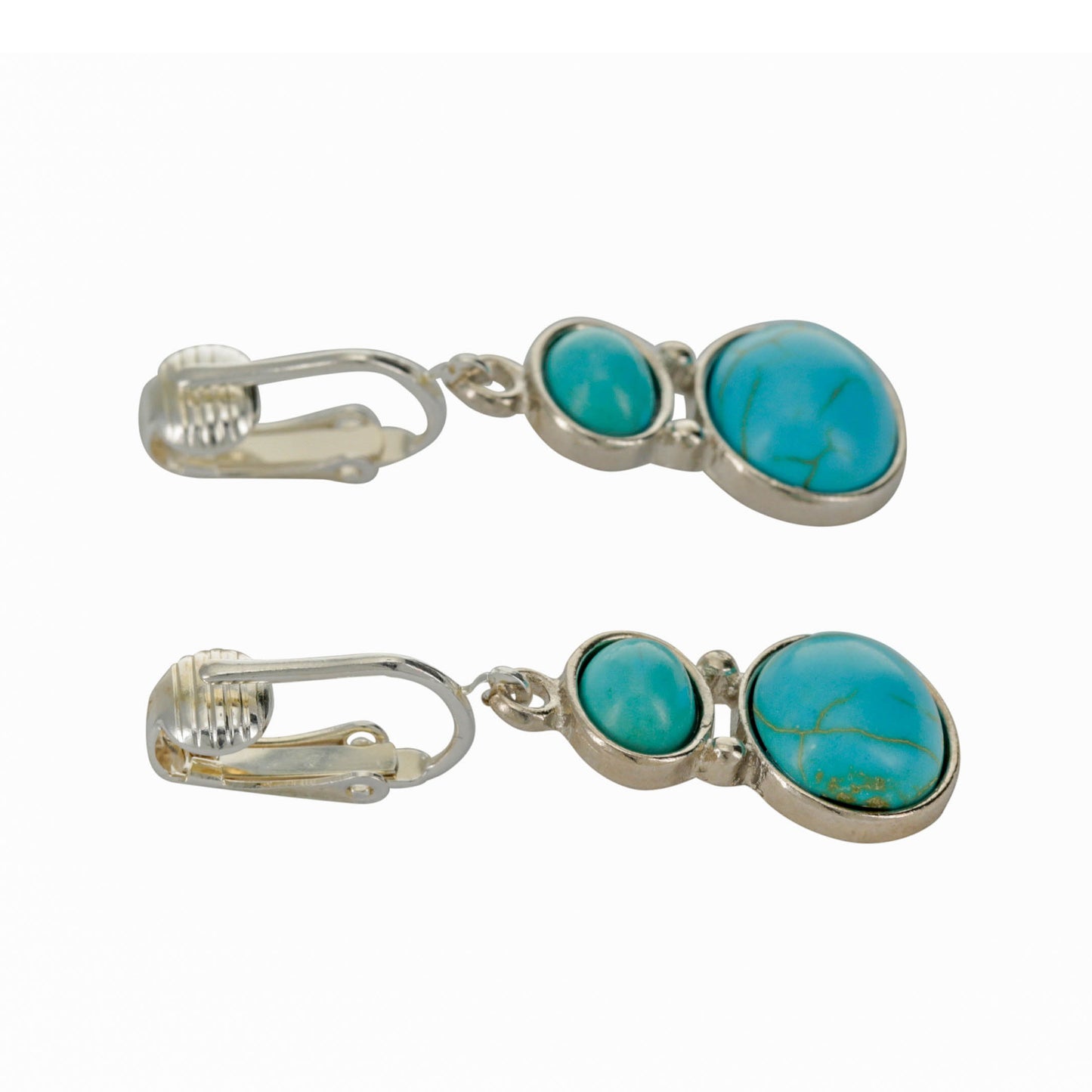 Silver Double Turquoise Drops Clip On Dangling Earrings