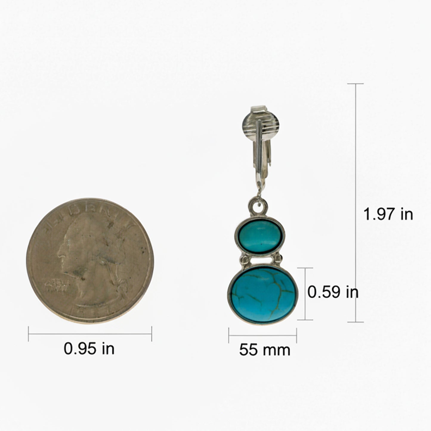 Silver Double Turquoise Drops Clip On Dangling Earrings