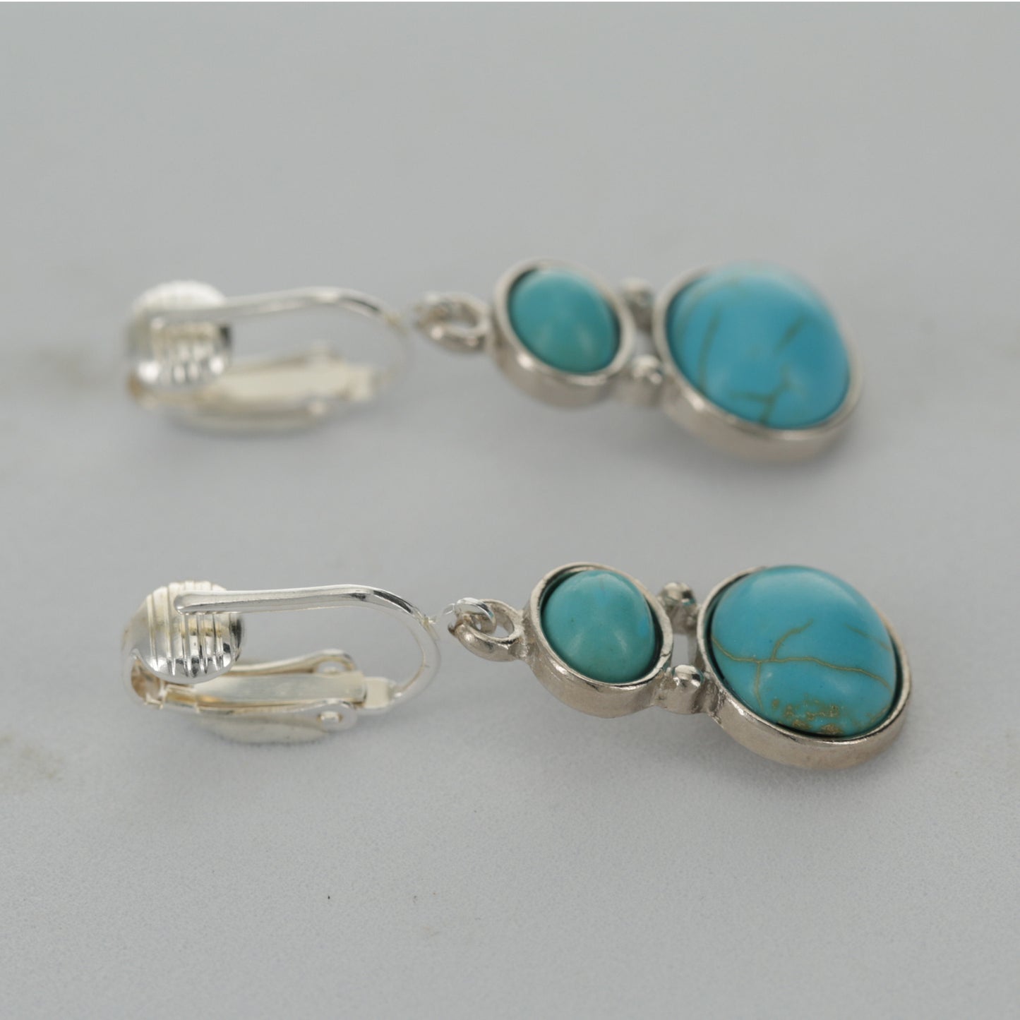 Silver Double Turquoise Drops Clip On Dangling Earrings