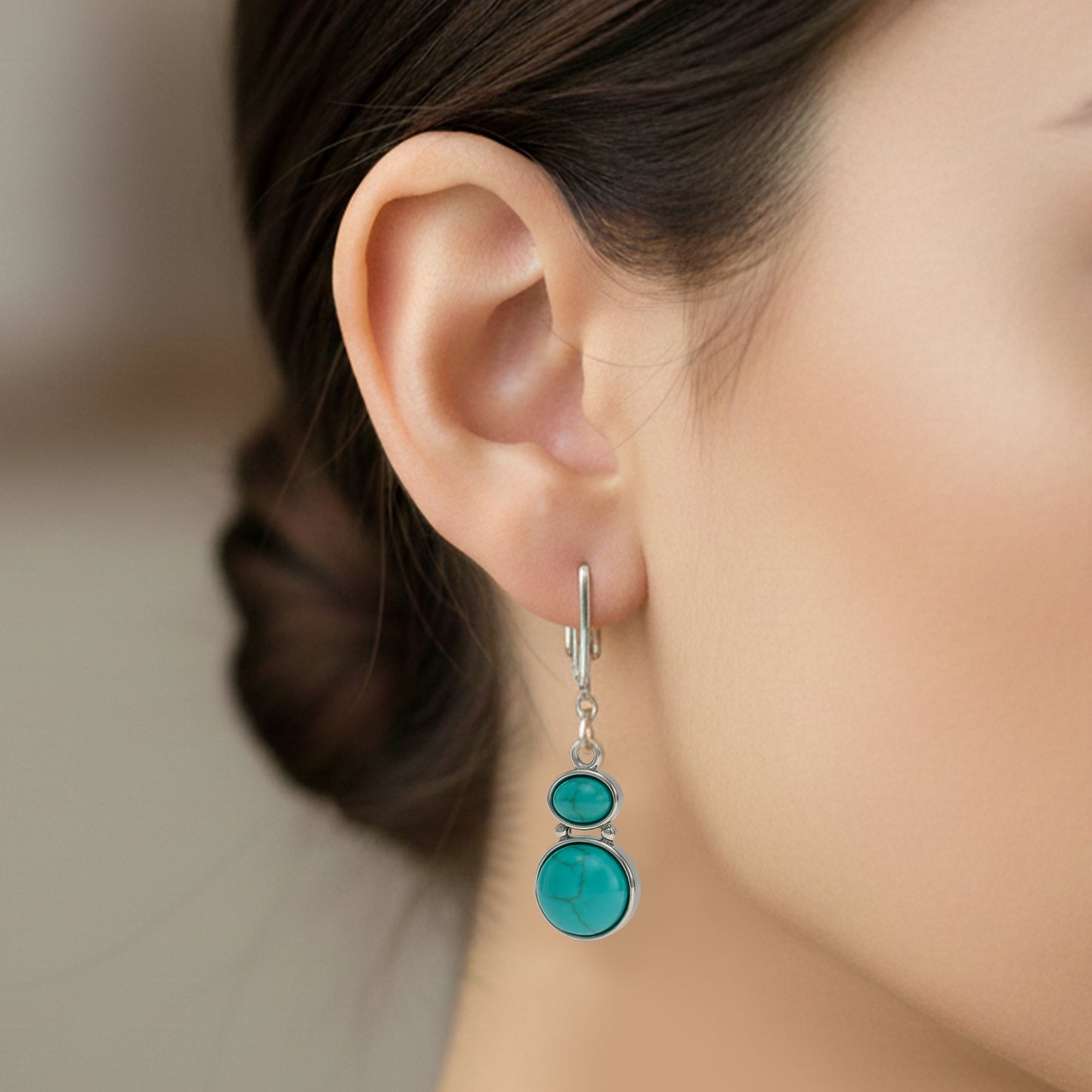 Silver Double Turquoise Drops Clip On Dangling Earrings