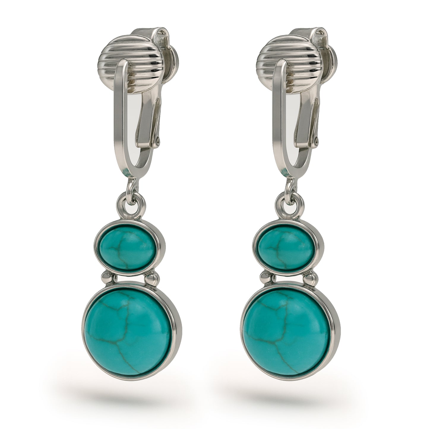 Silver Double Turquoise Drops Clip On Dangling Earrings