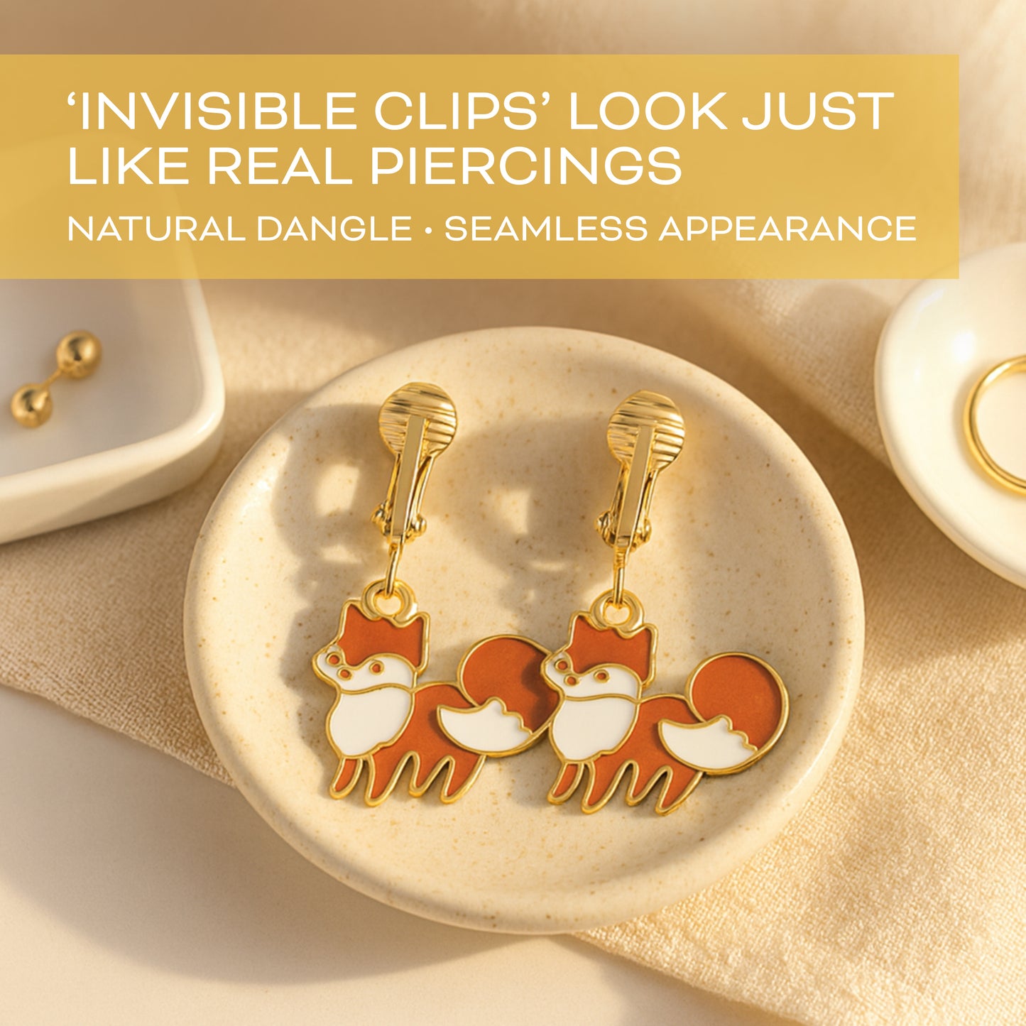 Fox Gold Clip On Dangling Earrings