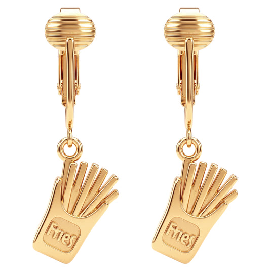 French Fries Gold Clip On Dangling Earrings