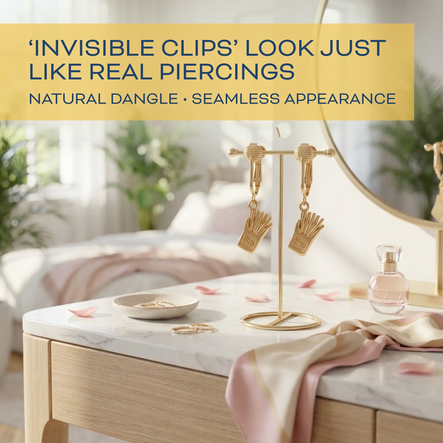 French Fries Gold Clip On Dangling Earrings