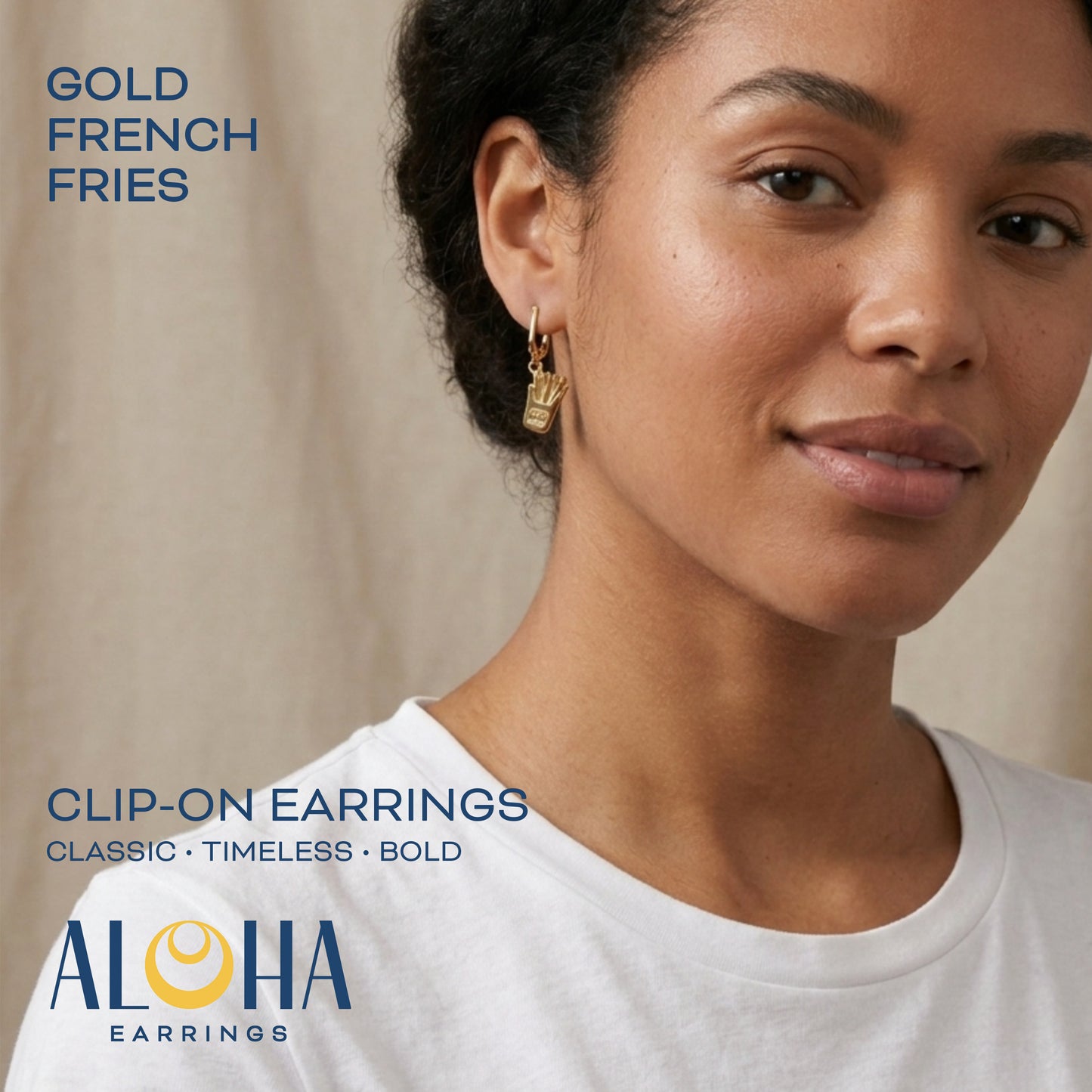 French Fries Gold Clip On Dangling Earrings