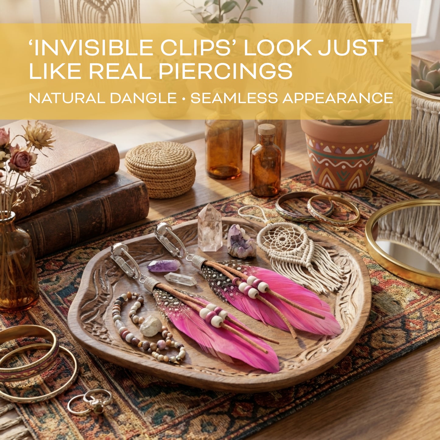 Bohemian Long Feather Clip On Dangling Earrings