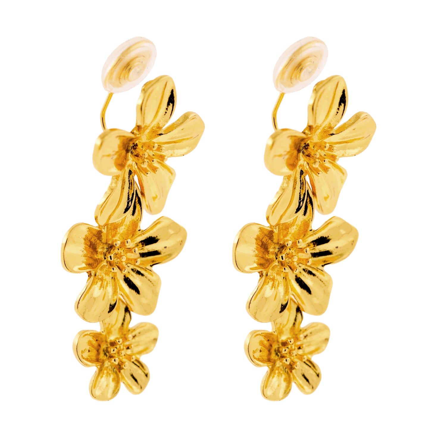 Gold Triple Flowers Mosquito Coil Clip On Dangling Earrings