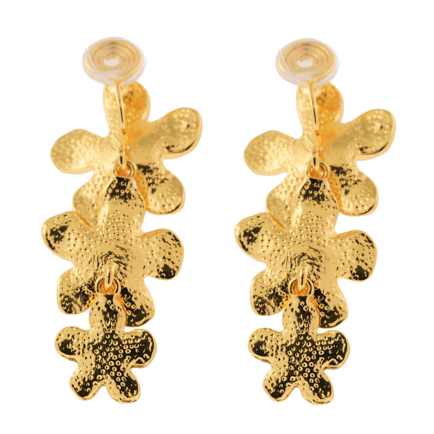Gold Triple Flowers Mosquito Coil Clip On Dangling Earrings