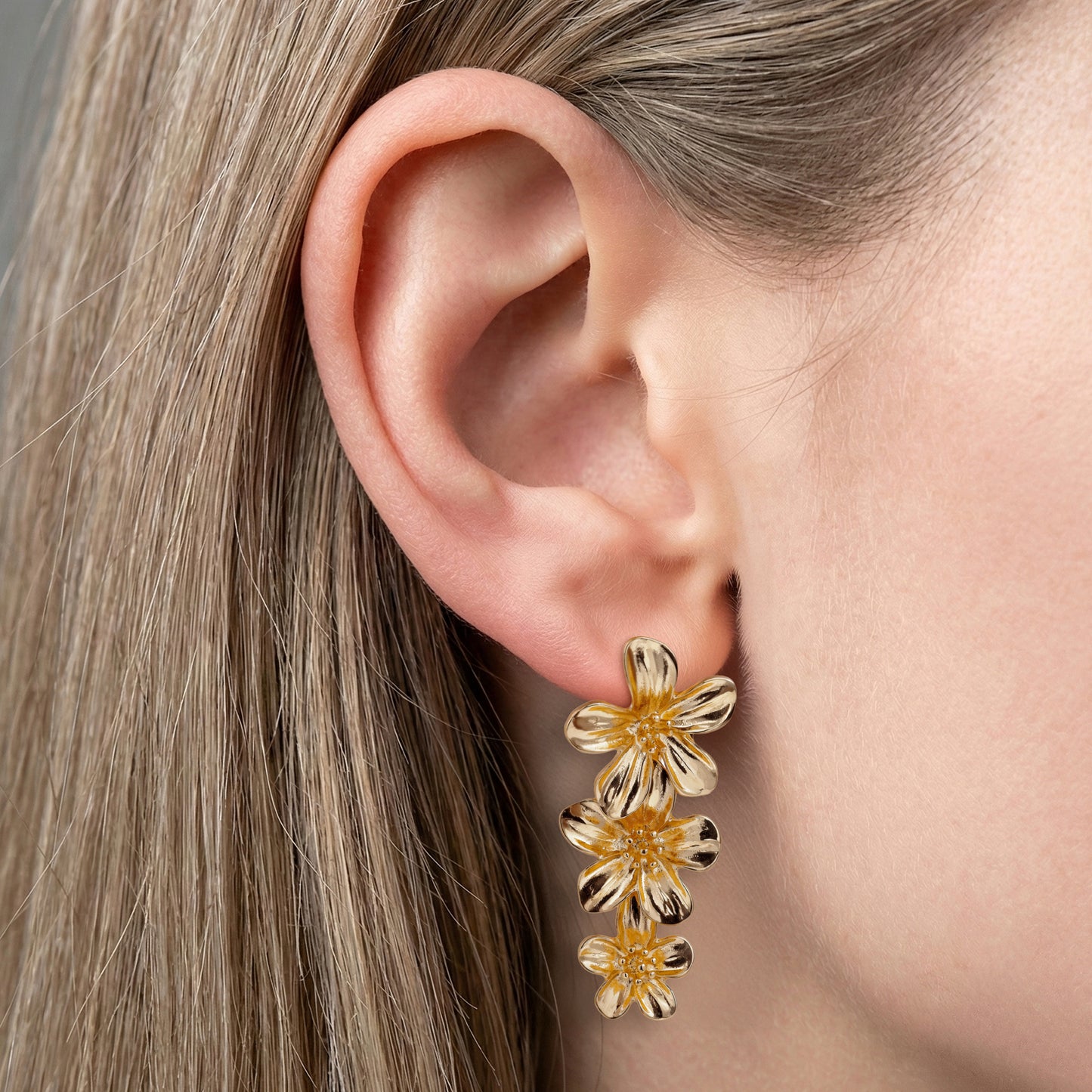 Gold Triple Flowers Mosquito Coil Clip On Dangling Earrings