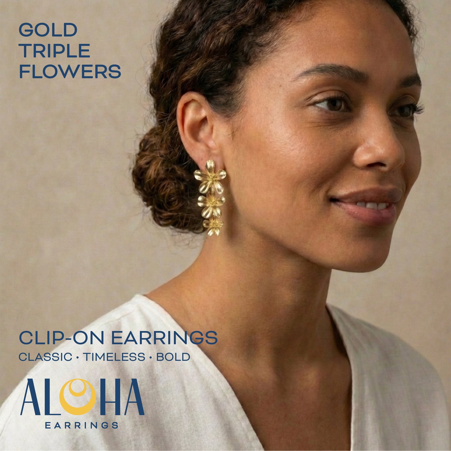 Gold Triple Flowers Mosquito Coil Clip On Dangling Earrings