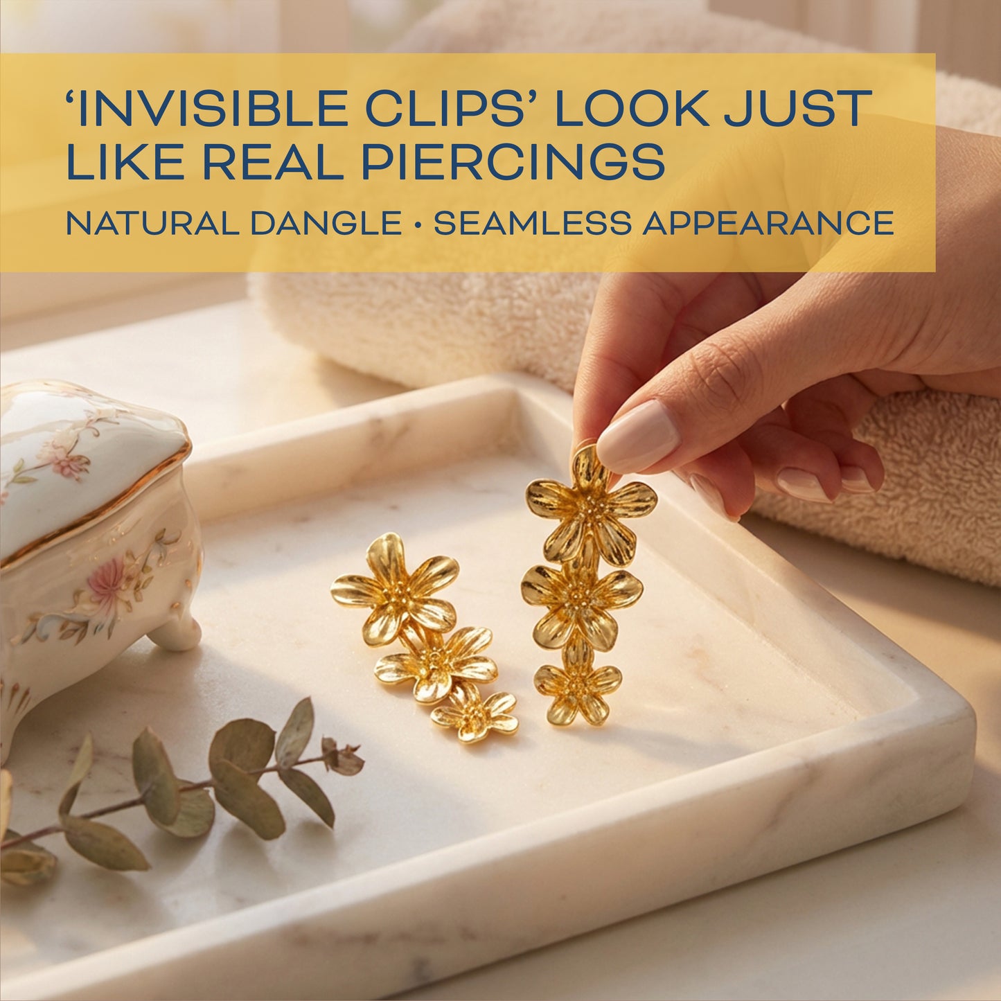 Gold Triple Flowers Mosquito Coil Clip On Dangling Earrings