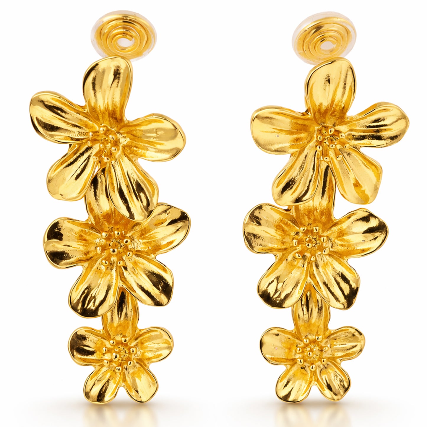 Gold Triple Flowers Mosquito Coil Clip On Dangling Earrings