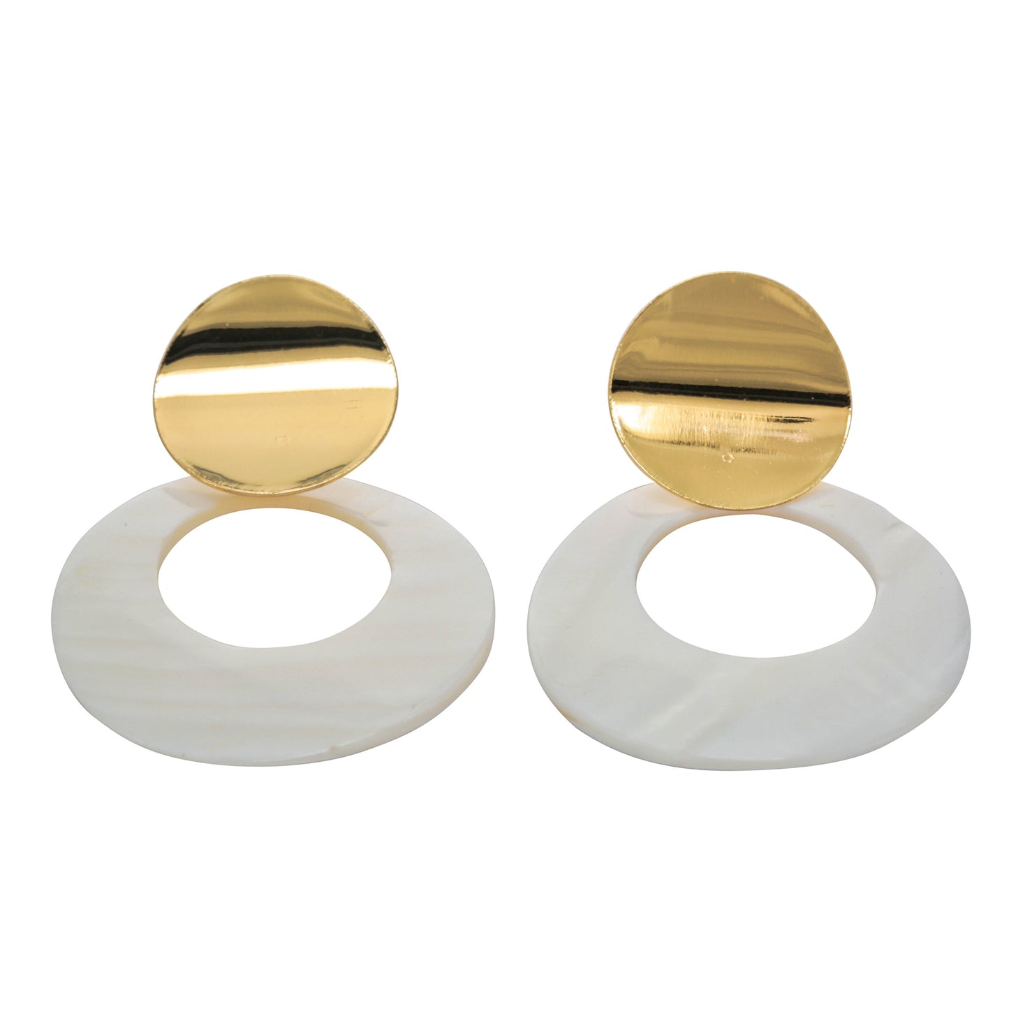 Gold Double Disc Clip On Statement Dangling Earrings