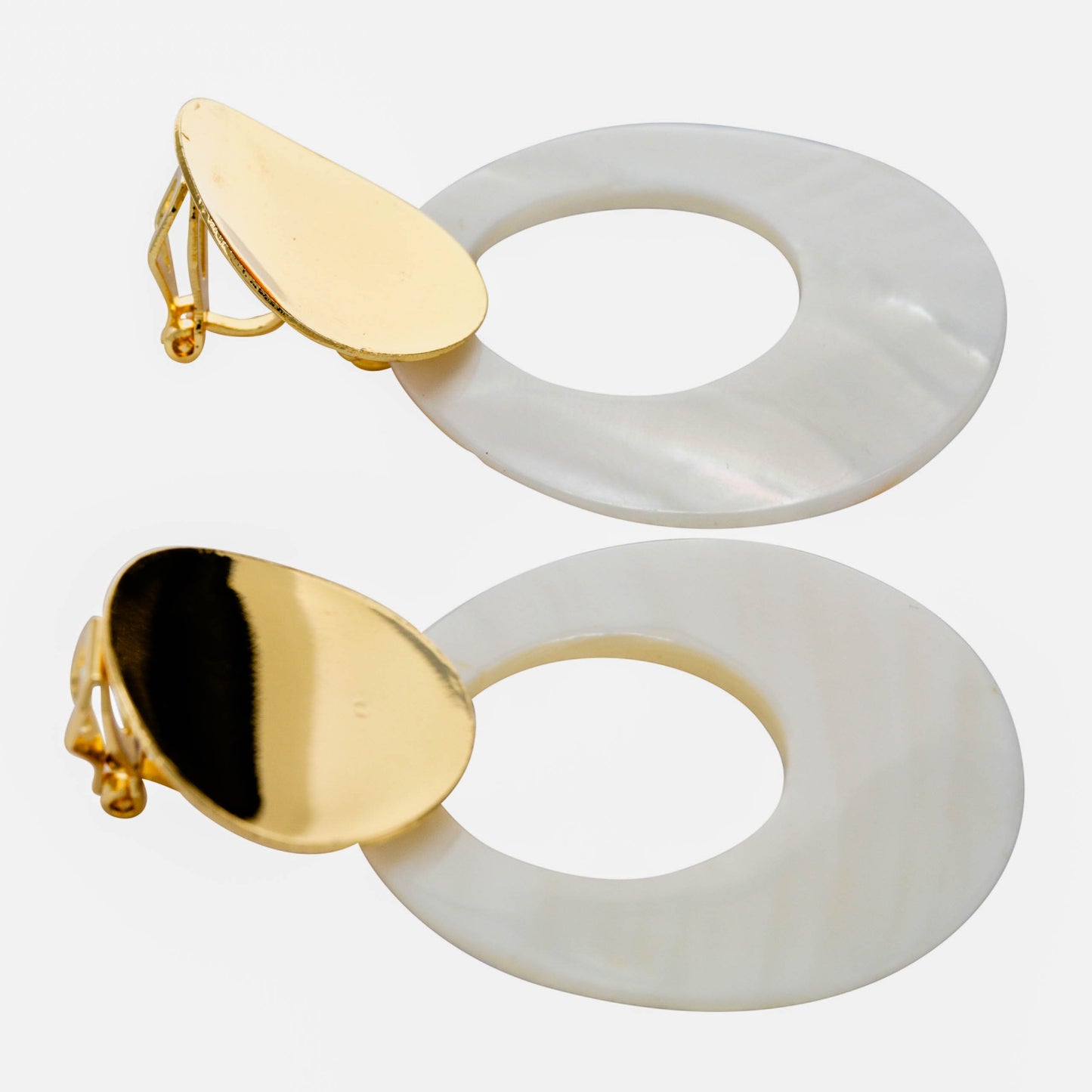 Gold Double Disc Clip On Statement Dangling Earrings