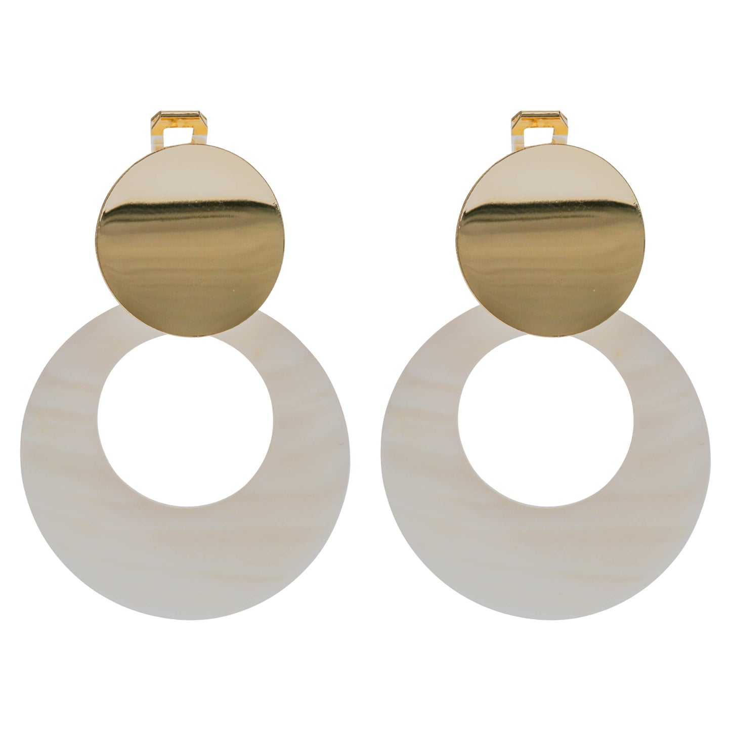 Gold Double Disc Clip On Statement Dangling Earrings