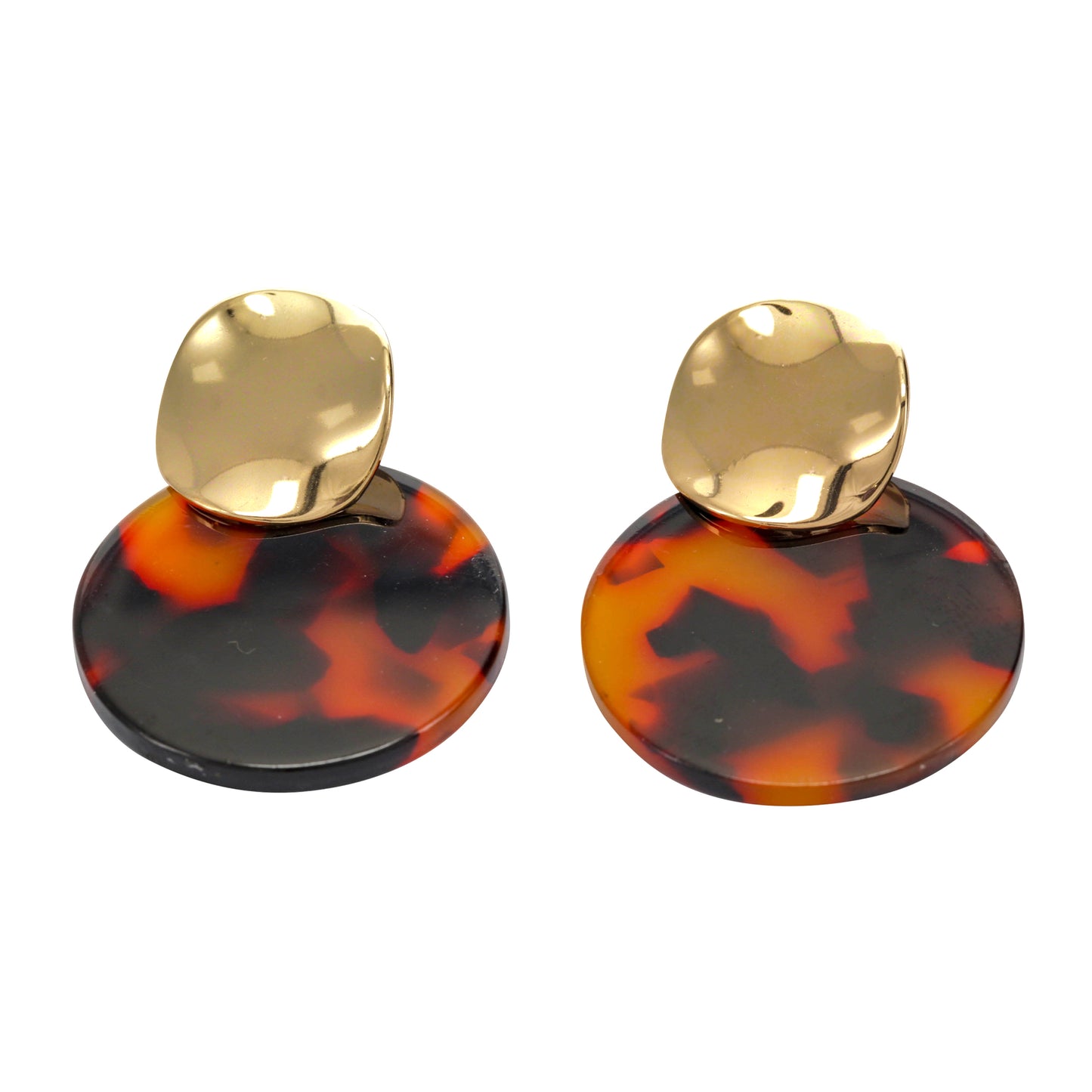 Gold Double Disc Clip On Statement Dangling Earrings