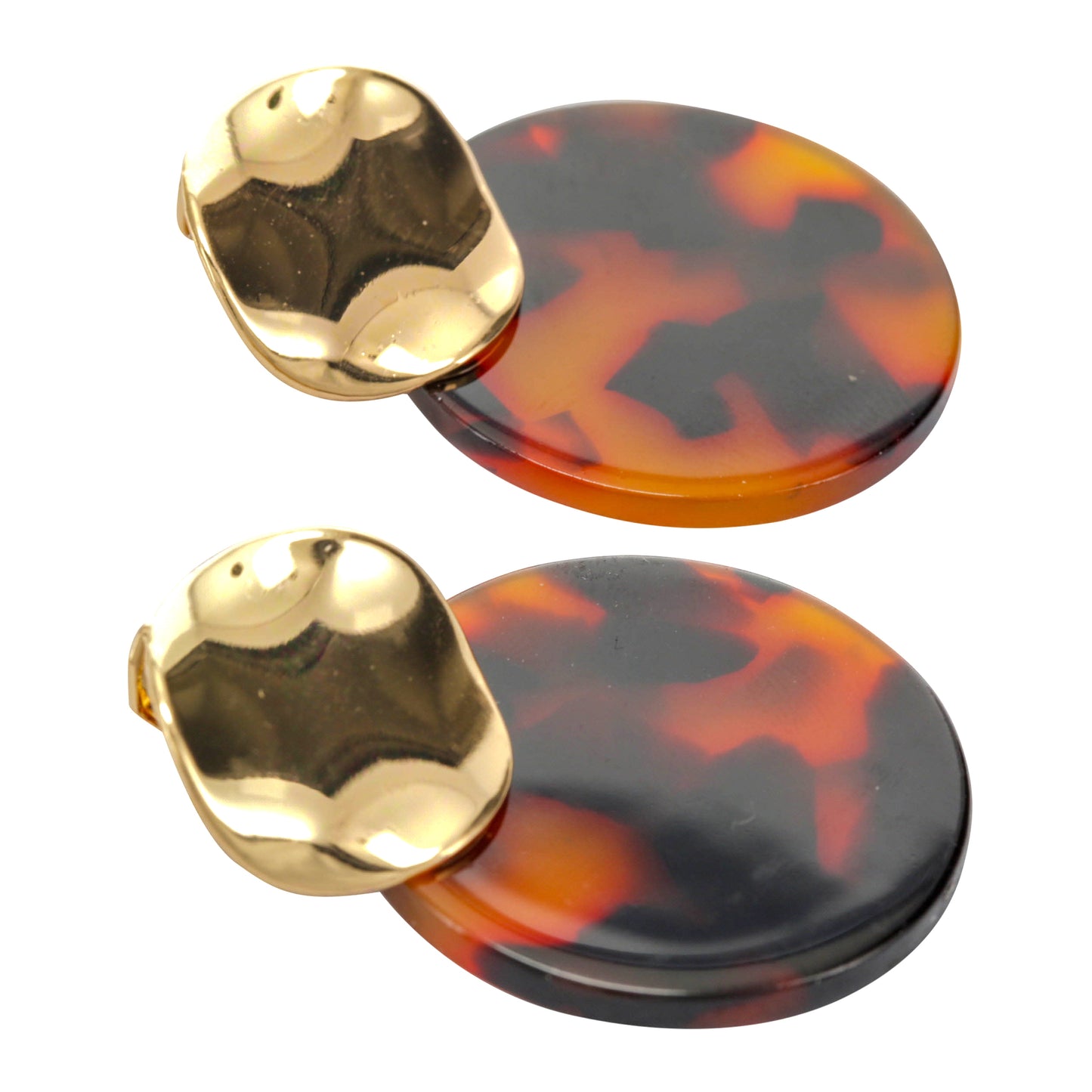 Gold Double Disc Clip On Statement Dangling Earrings