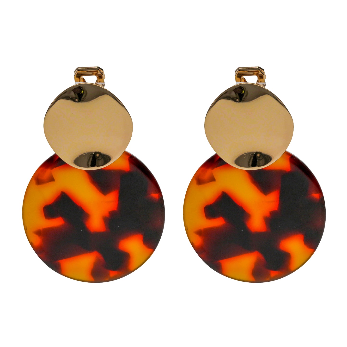 Gold Double Disc Clip On Statement Dangling Earrings