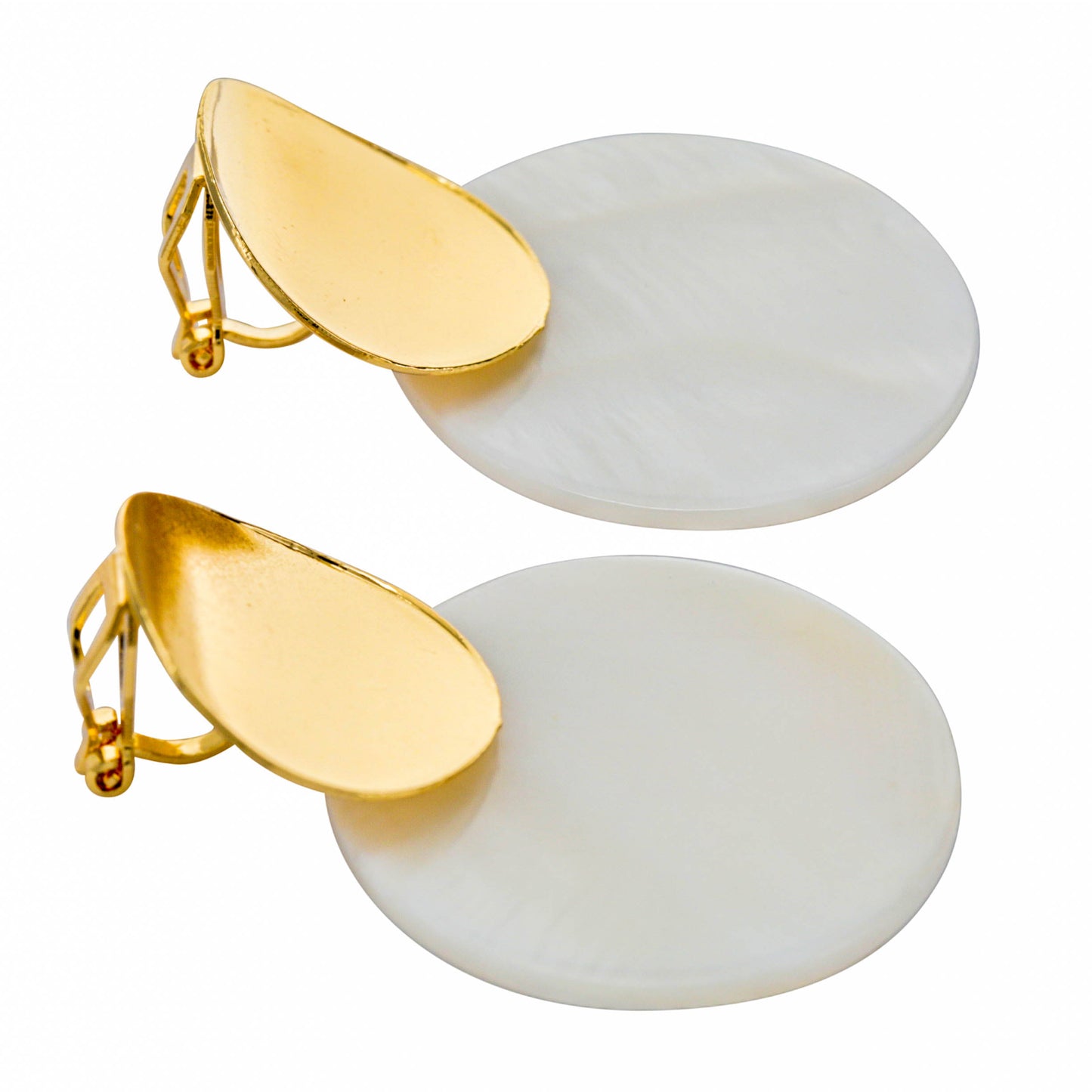 Gold Double Disc Clip On Statement Dangling Earrings