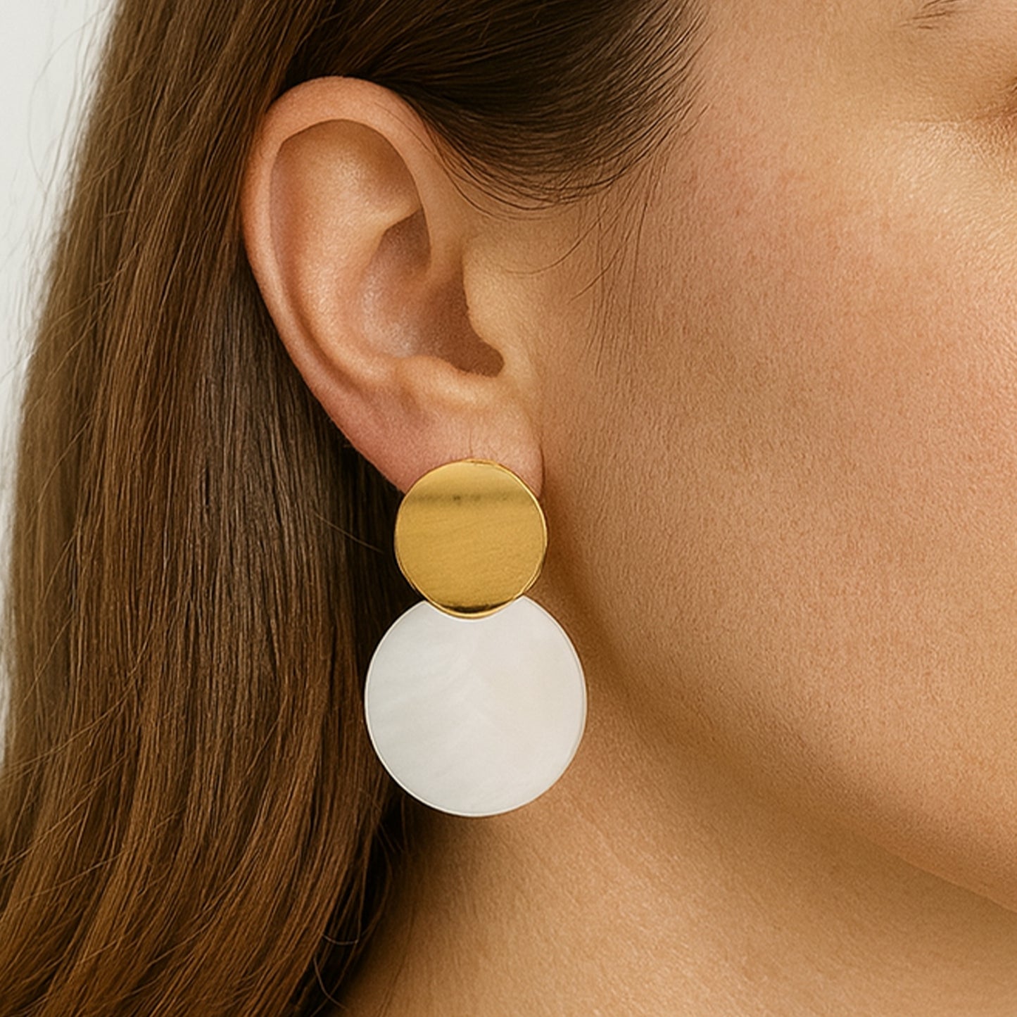 Gold Double Disc Clip On Statement Dangling Earrings
