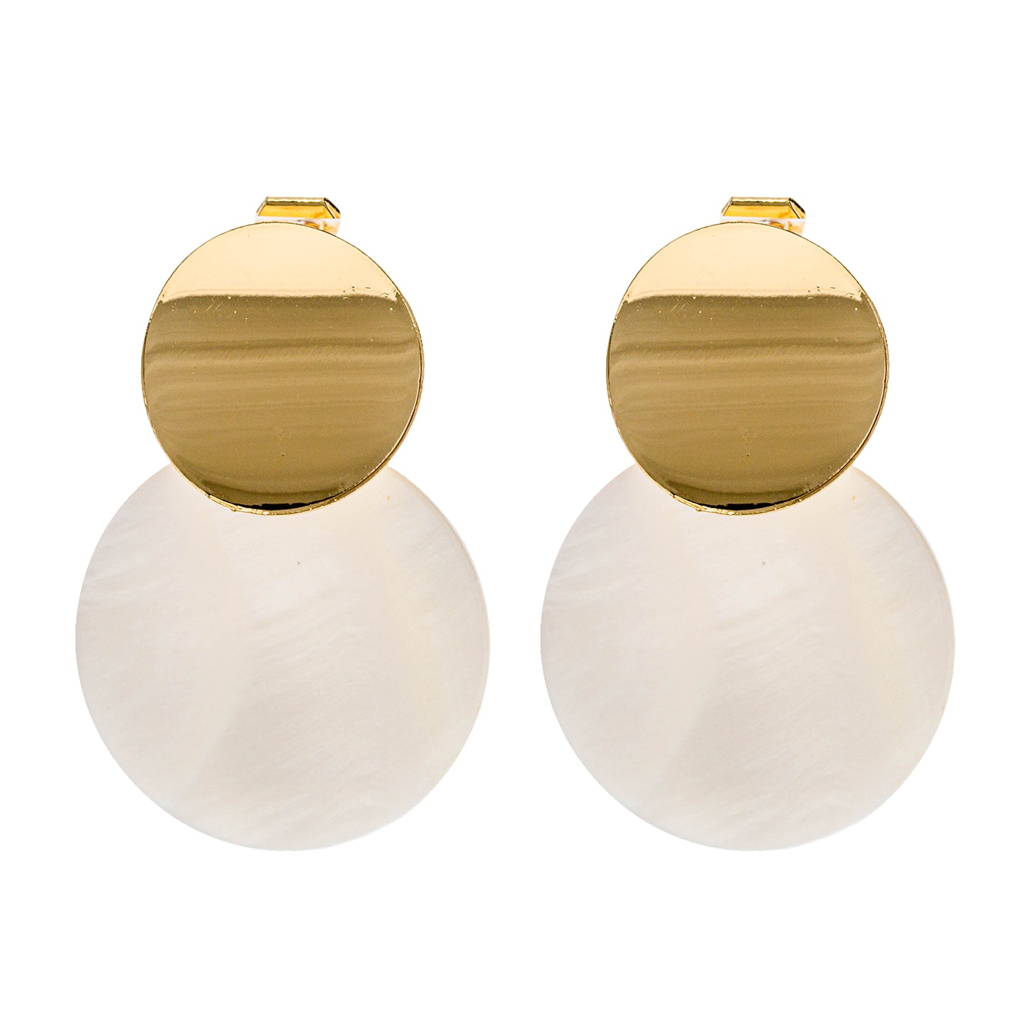 Gold Double Disc Clip On Statement Dangling Earrings
