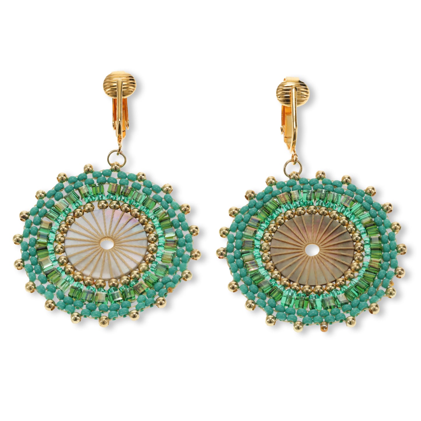 Gold Beaded Circle Clip On Dangling Earrings
