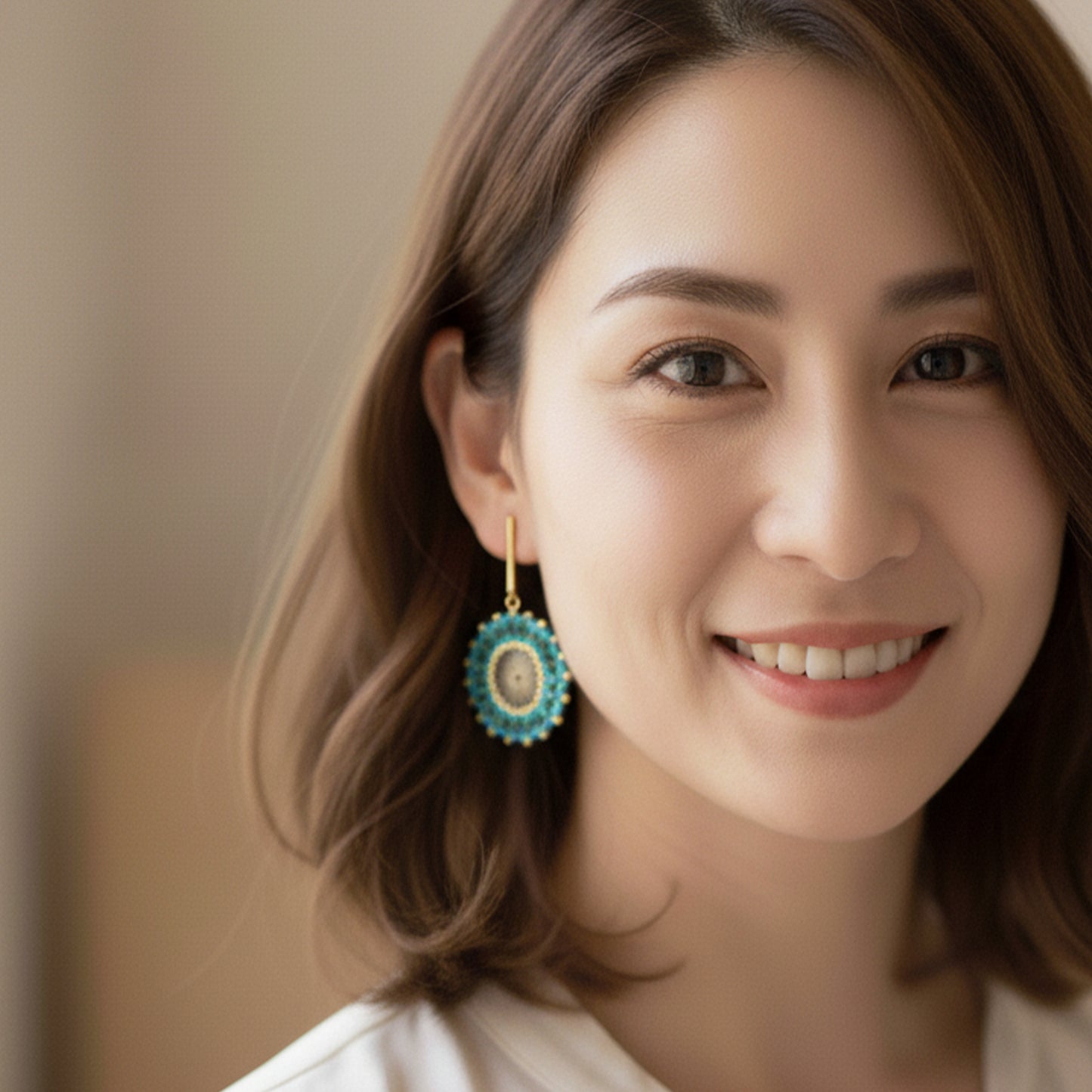 Gold Beaded Circle Clip On Dangling Earrings