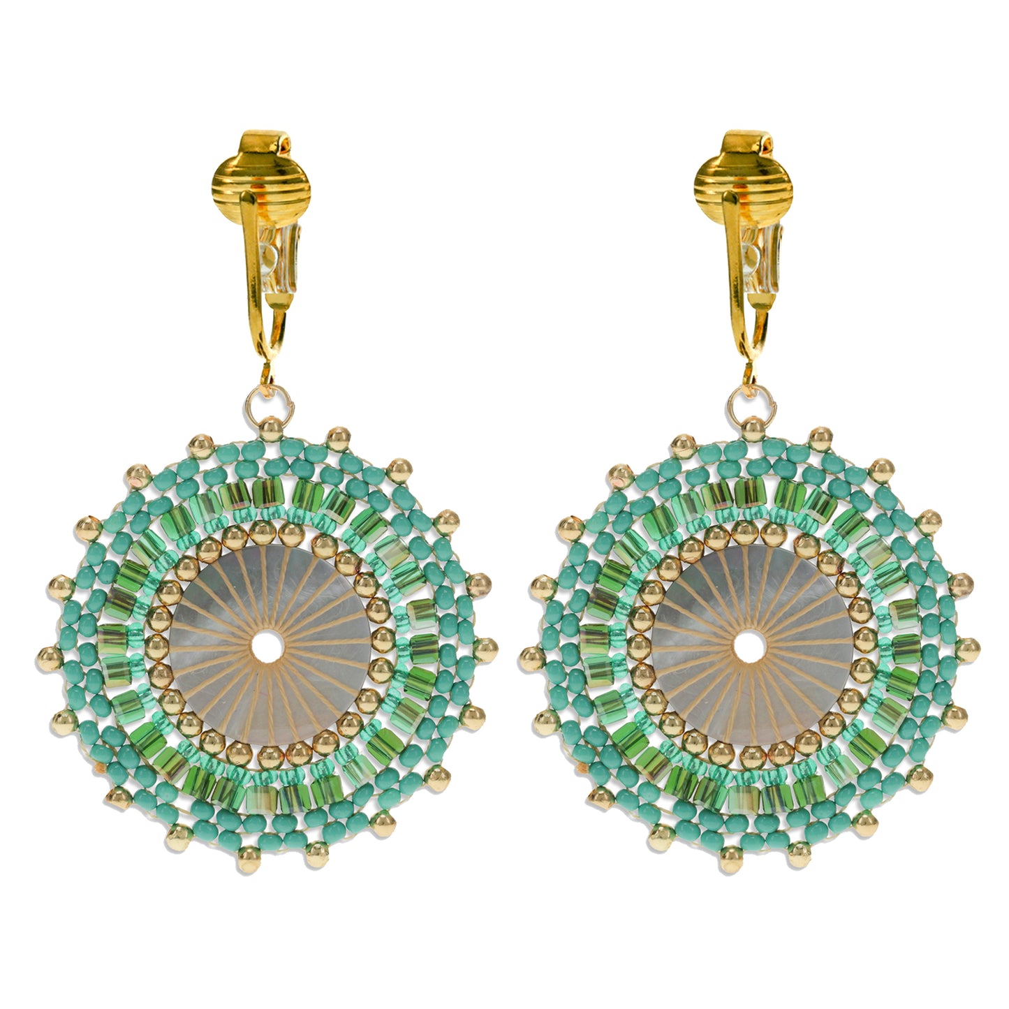 Gold Beaded Circle Clip On Dangling Earrings