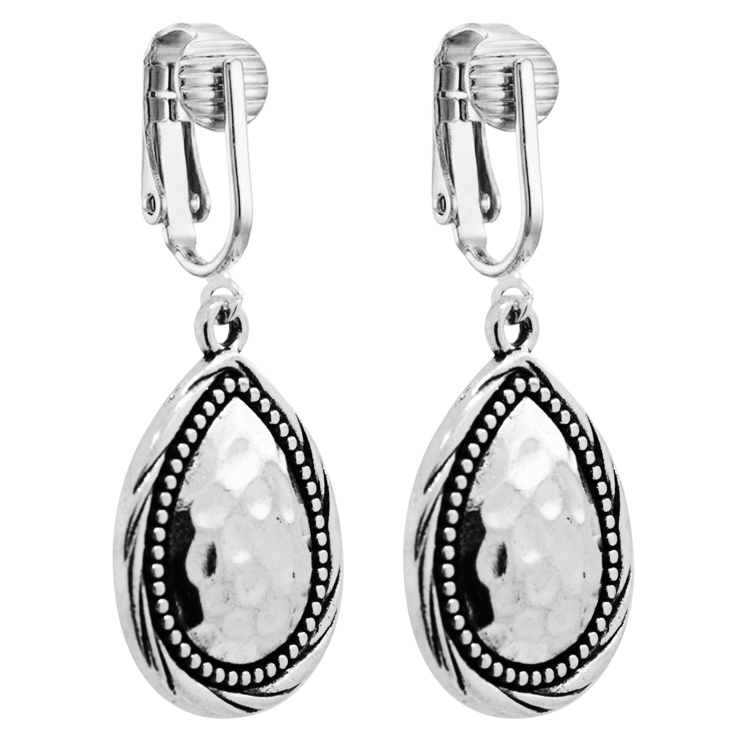 Silver Hammered Dotted Teardrop Clip On Dangling Earrings