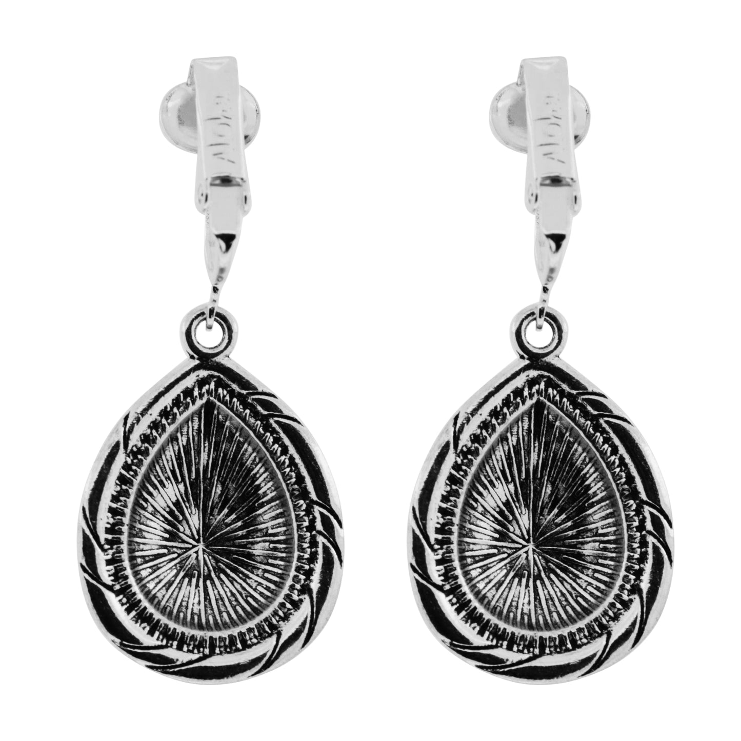 Silver Hammered Dotted Teardrop Clip On Dangling Earrings