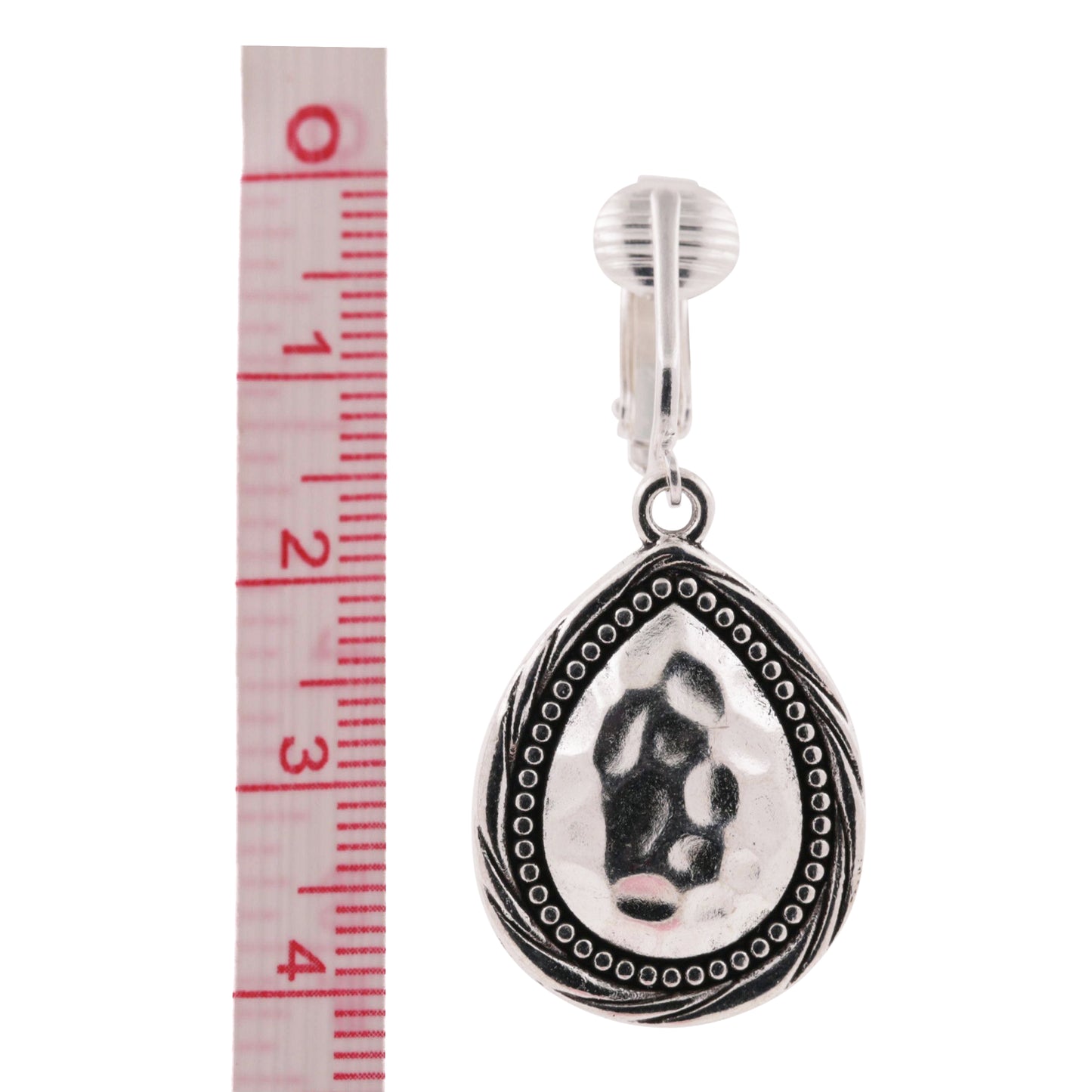 Silver Hammered Dotted Teardrop Clip On Dangling Earrings