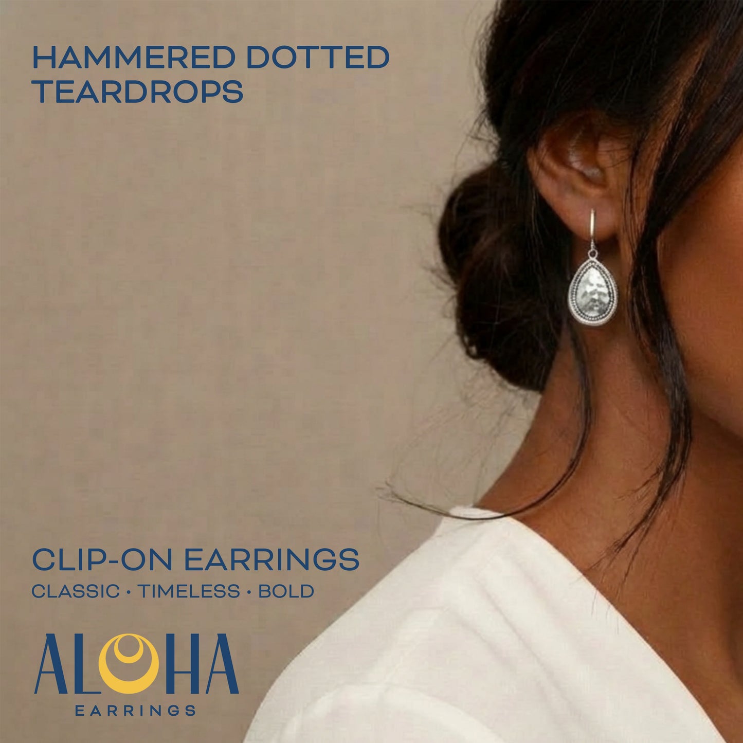 Silver Hammered Dotted Teardrop Clip On Dangling Earrings