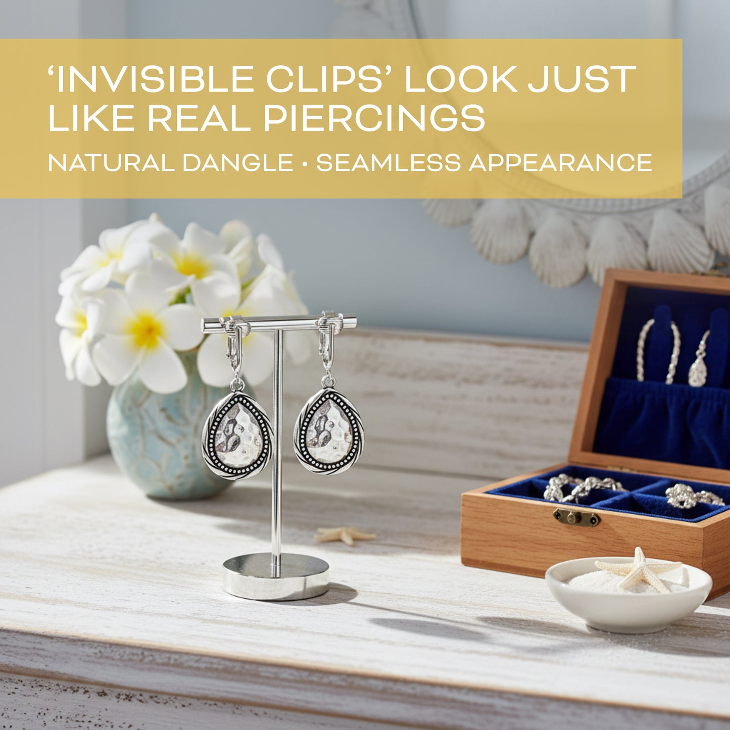 Silver Hammered Dotted Teardrop Clip On Dangling Earrings