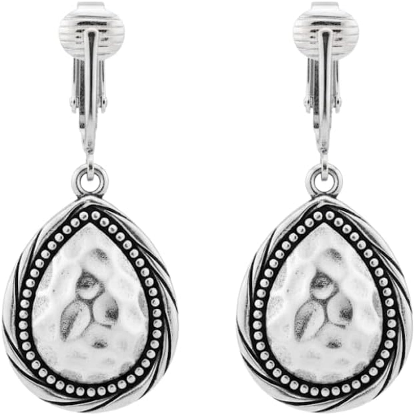 Silver Hammered Dotted Teardrop Clip On Dangling Earrings
