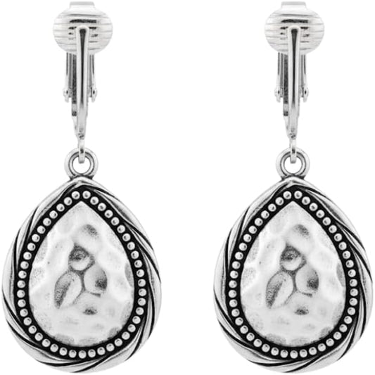 Silver Hammered Dotted Teardrop Clip On Dangling Earrings