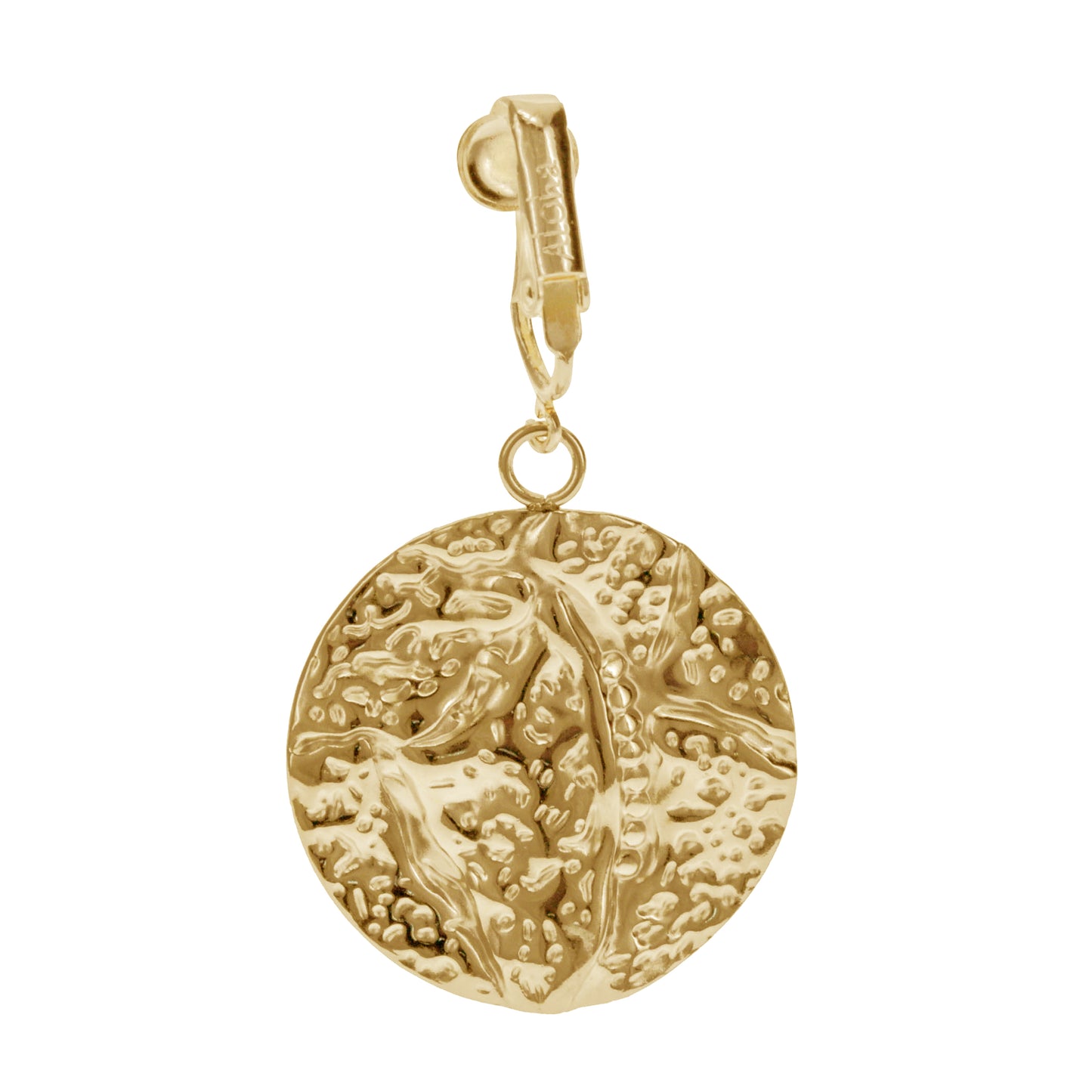 Gold Hammered Disc Clip On Dangling Earrings