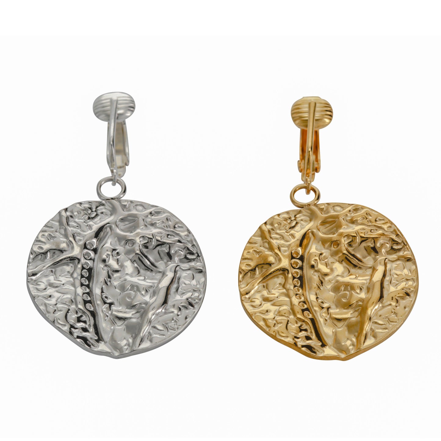 Gold Hammered Disc Clip On Dangling Earrings