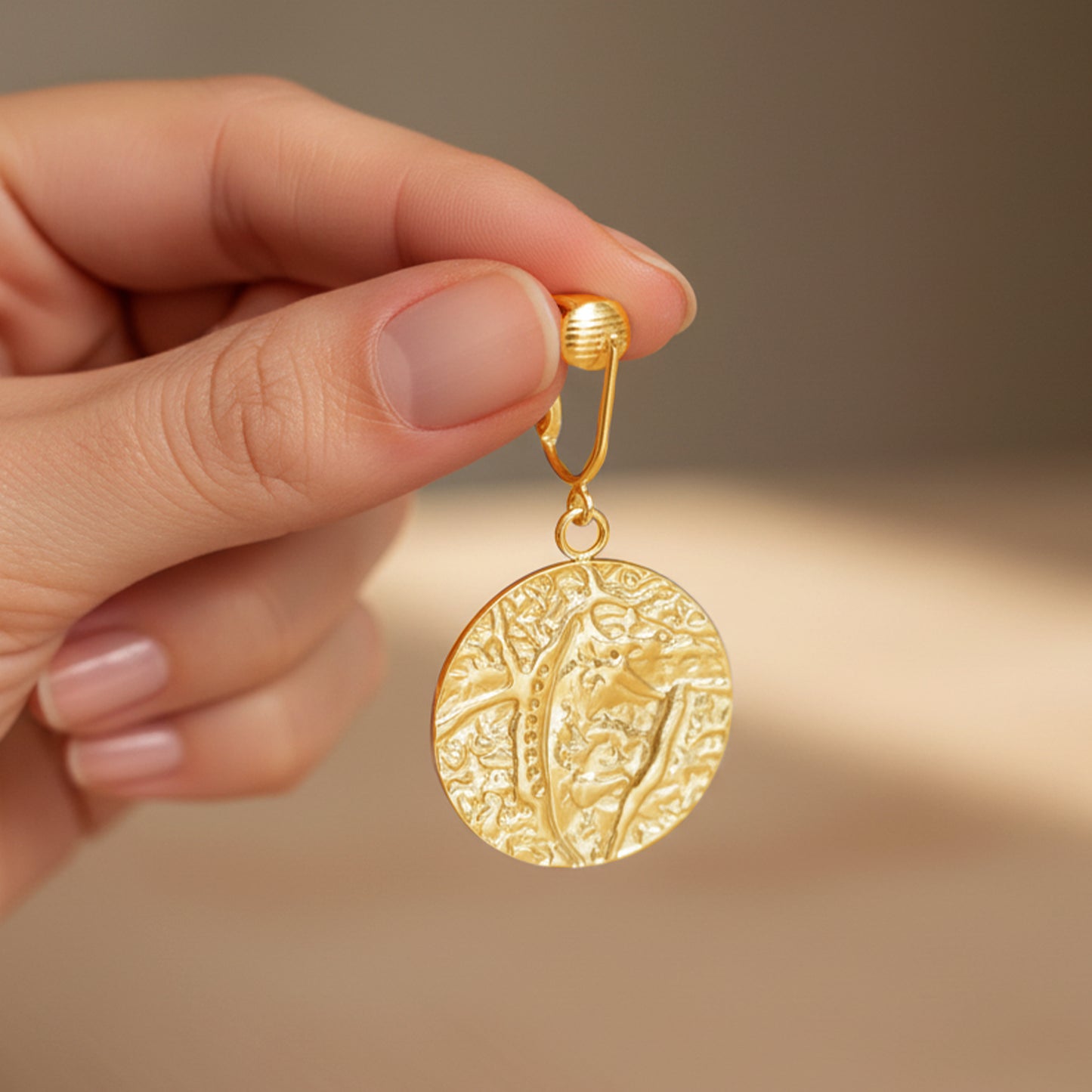 Gold Hammered Disc Clip On Dangling Earrings