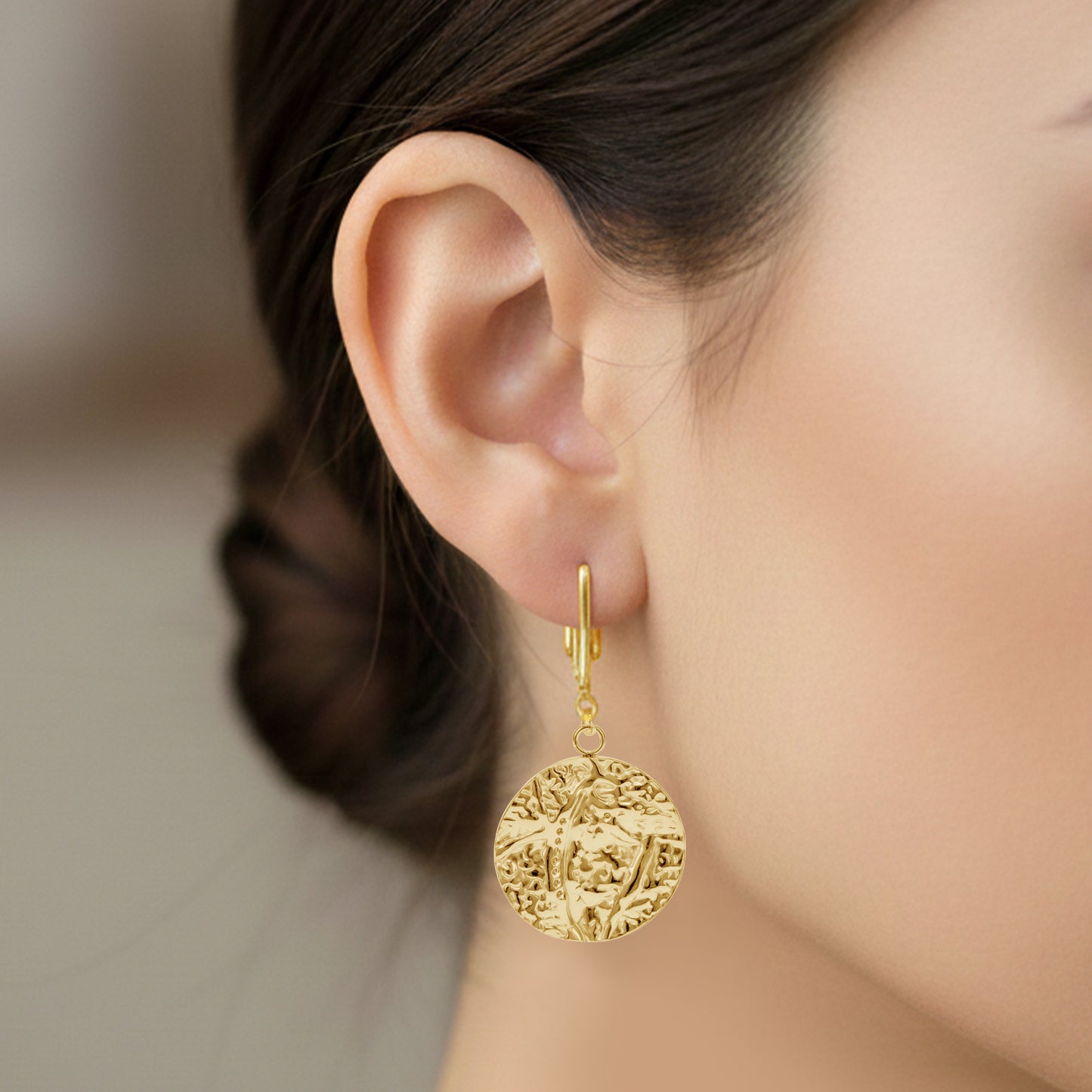 Gold Hammered Disc Clip On Dangling Earrings
