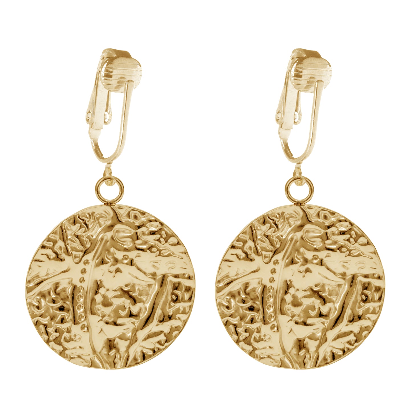 Gold Hammered Disc Clip On Dangling Earrings