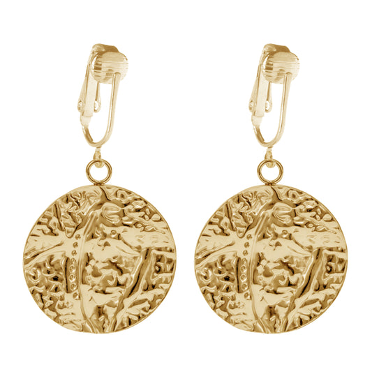 Gold Hammered Disc Clip On Dangling Earrings