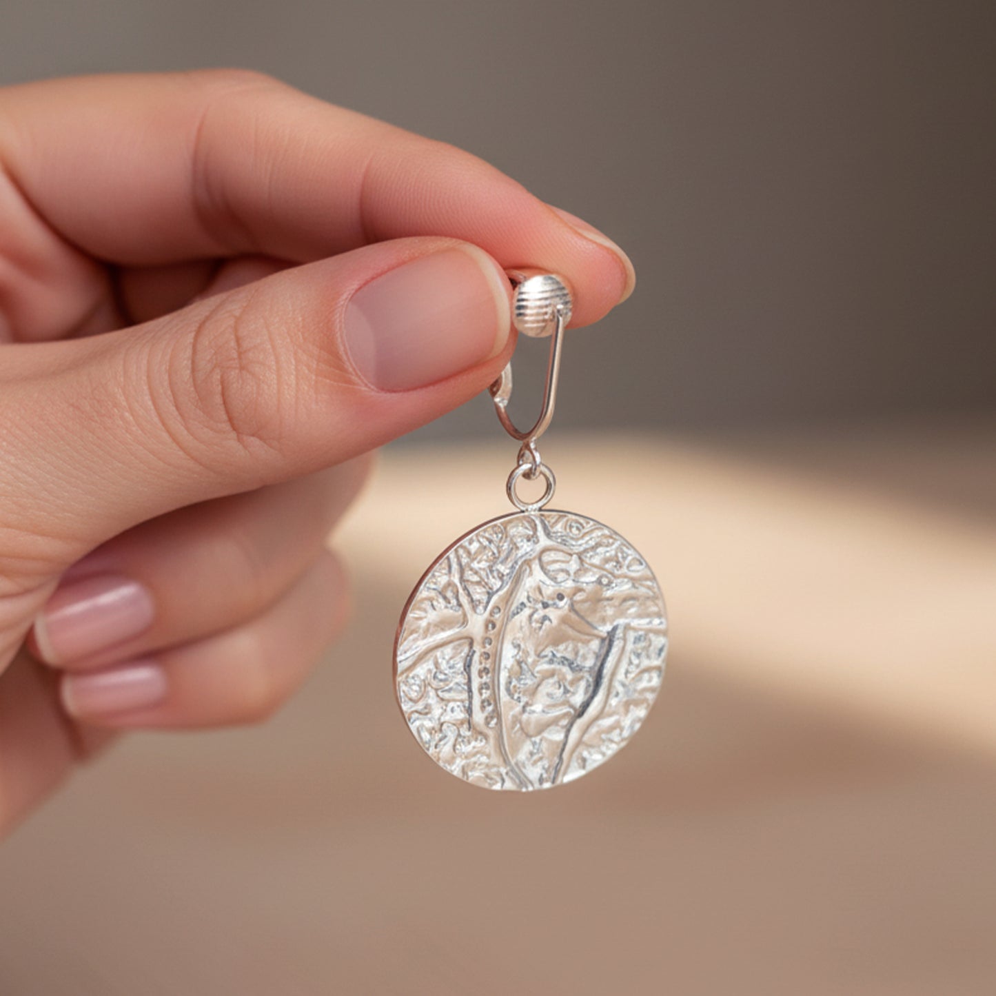 Silver Hammered Disc Clip On Dangling Earrings