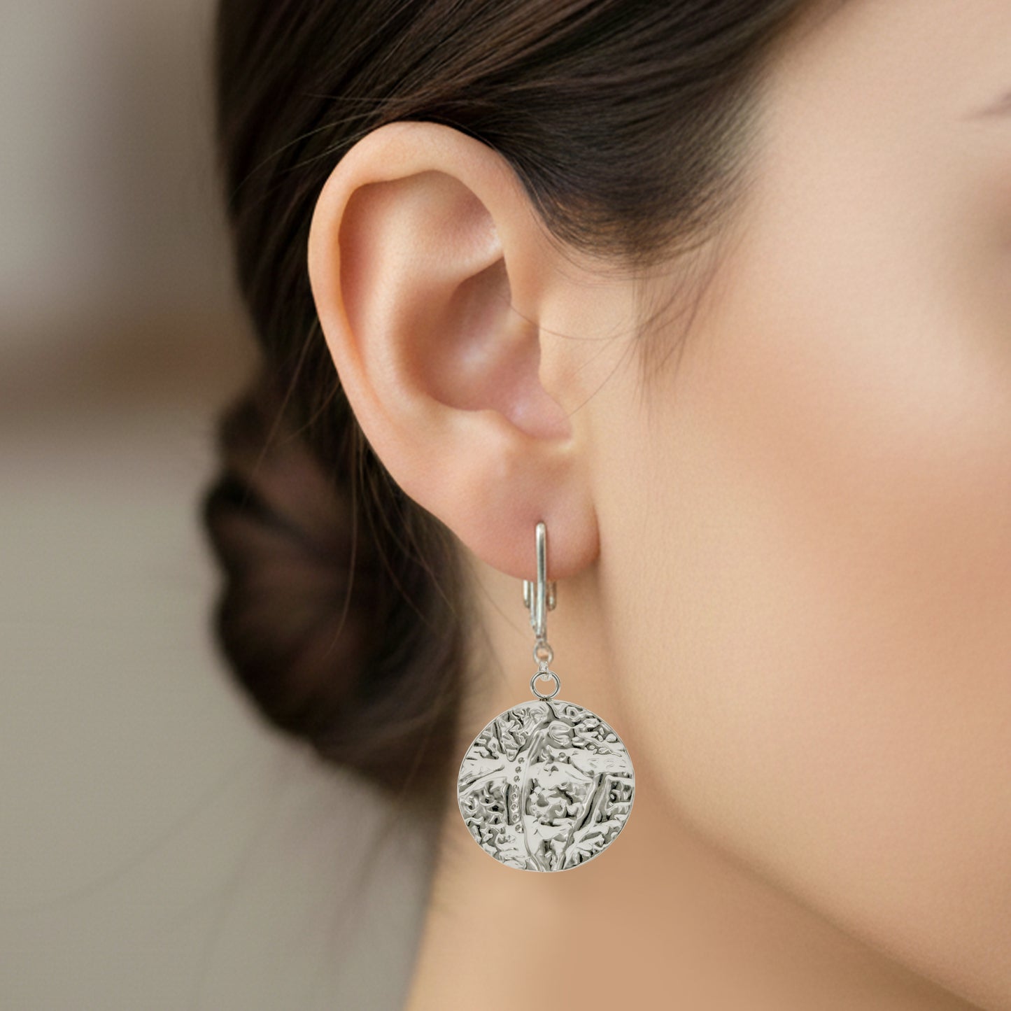 Silver Hammered Disc Clip On Dangling Earrings