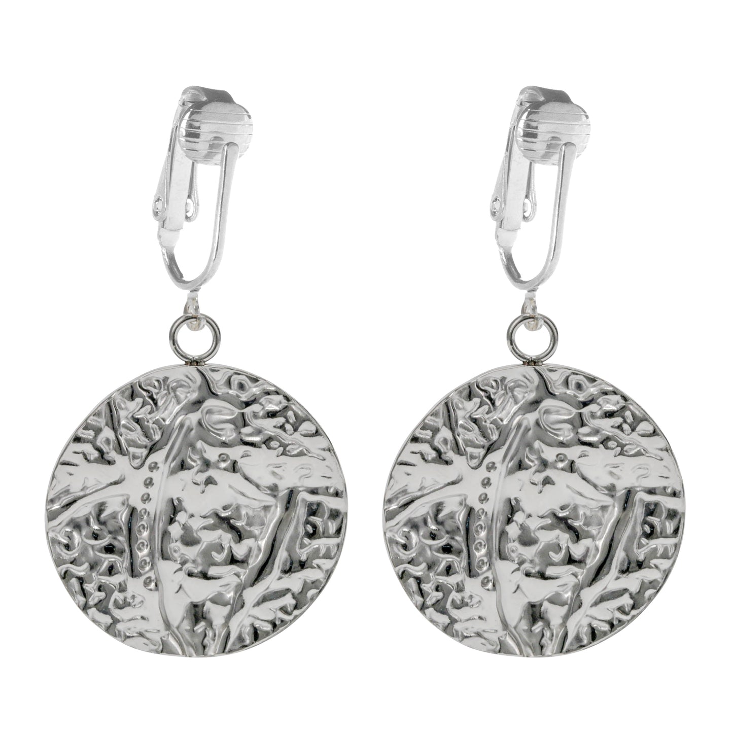 Silver Hammered Disc Clip On Dangling Earrings