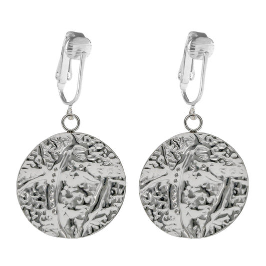Silver Hammered Disc Clip On Dangling Earrings