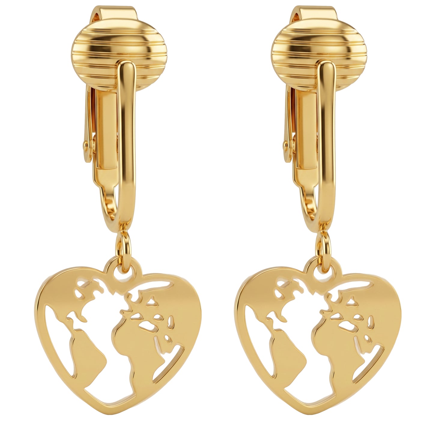 Gold Heart World Clip On Dangling Earrings